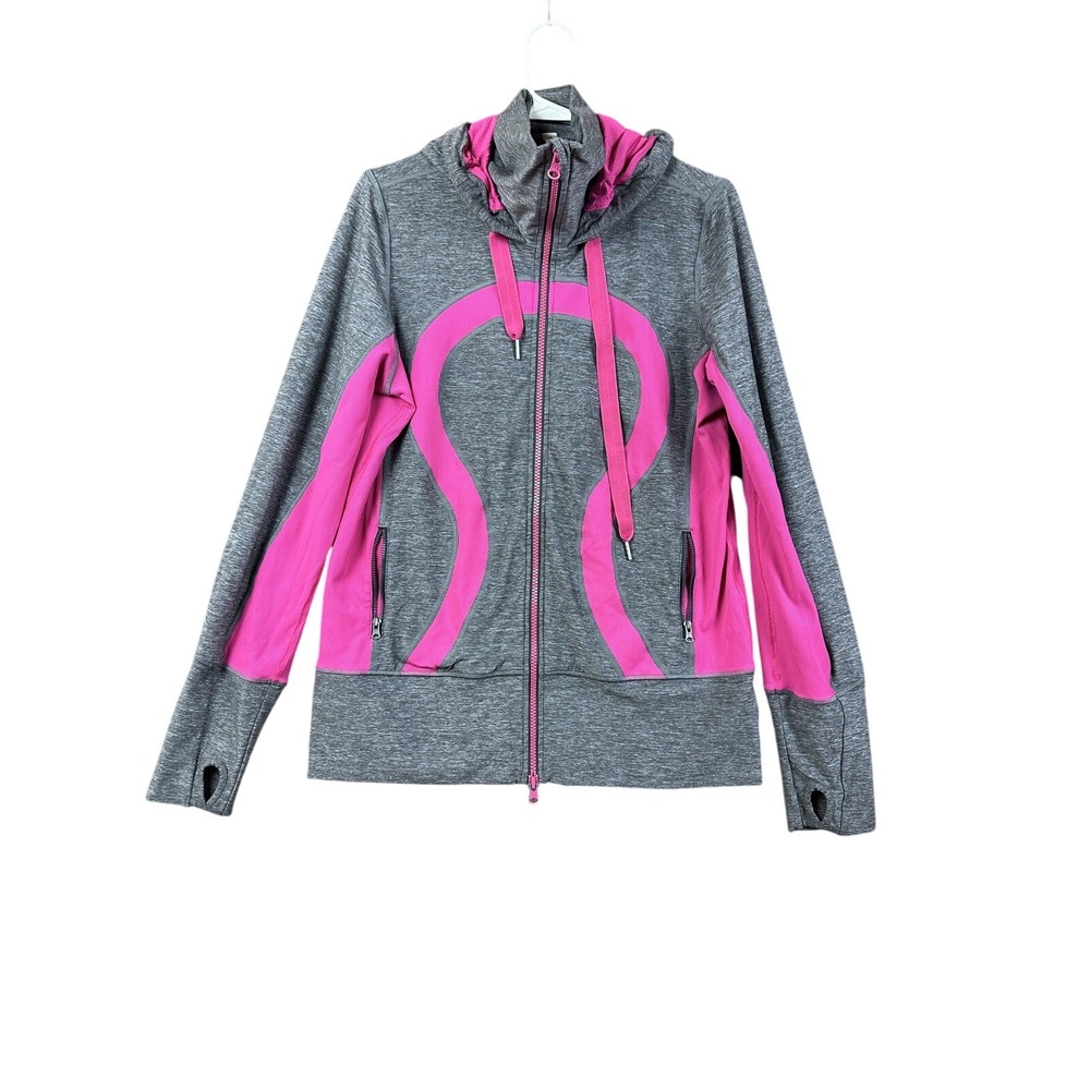 Lululemon Athletica Jacket Womens 10 Gray Pink Hooded Full Zip Thumbholes Logo